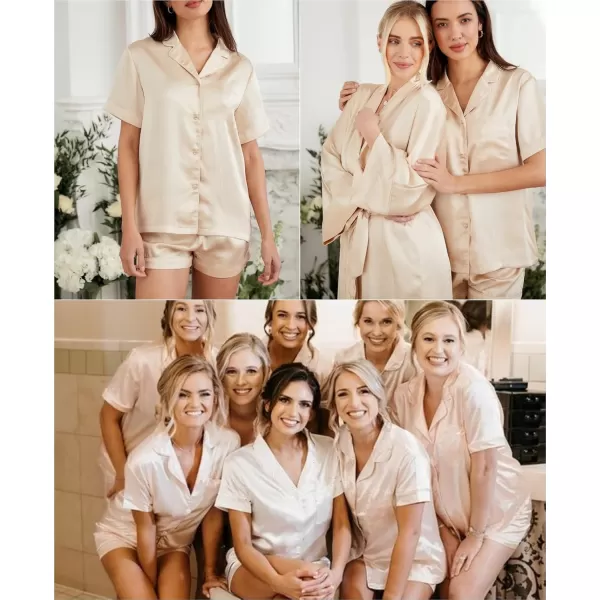 imageSWOMOG Womens Silk Satin Pajamas Set Short Sleeve Sleepwear Button Down Top and Shorts Loungewear Bride Soft 2 Piece PjsChampagne