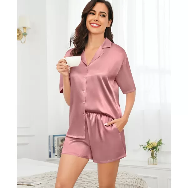 imageSWOMOG Womens Silk Satin Pajamas Set Short Sleeve Sleepwear Button Down Top and Shorts Loungewear Bride Soft 2 Piece PjsMisty Rose