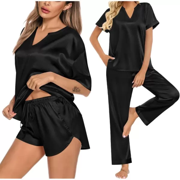 imageSWOMOG 3 PCS Womens Silk Pajamas Set V Neck Sleepwear Short Sleeve Satin Pajama Shorts Sets Bride Pj Lounge Sets with PantsBlack