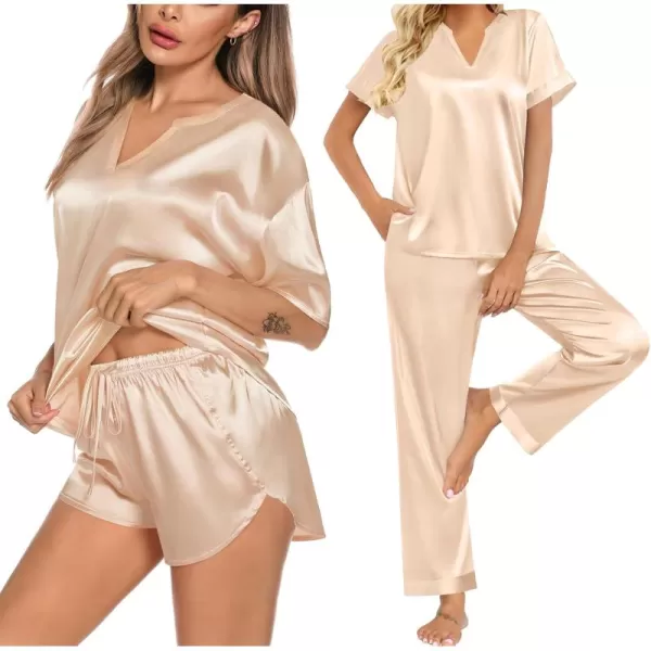 imageSWOMOG 3 PCS Womens Silk Pajamas Set V Neck Sleepwear Short Sleeve Satin Pajama Shorts Sets Bride Pj Lounge Sets with PantsChampagne