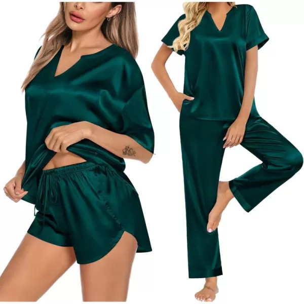 imageSWOMOG 3 PCS Womens Silk Pajamas Set V Neck Sleepwear Short Sleeve Satin Pajama Shorts Sets Bride Pj Lounge Sets with PantsDeep Green