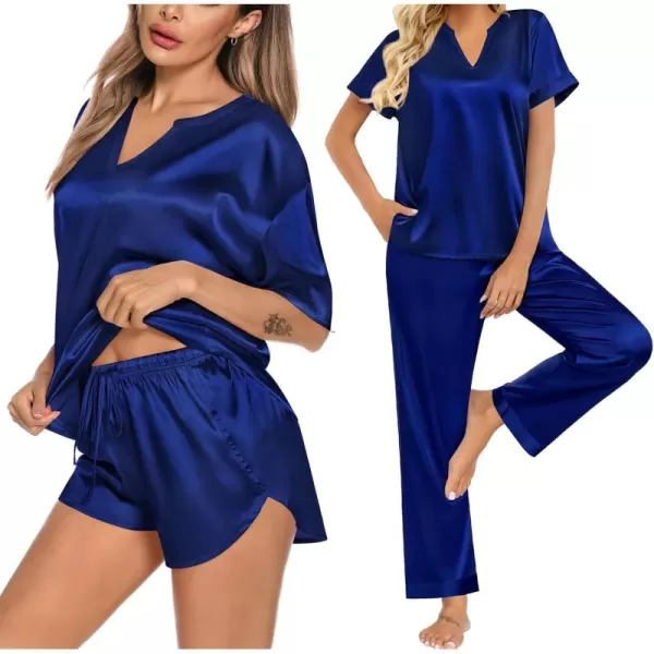 imageSWOMOG 3 PCS Womens Silk Pajamas Set V Neck Sleepwear Short Sleeve Satin Pajama Shorts Sets Bride Pj Lounge Sets with PantsNavy Blue