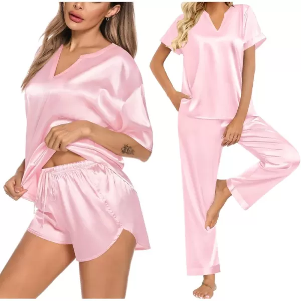 imageSWOMOG 3 PCS Womens Silk Pajamas Set V Neck Sleepwear Short Sleeve Satin Pajama Shorts Sets Bride Pj Lounge Sets with PantsPink