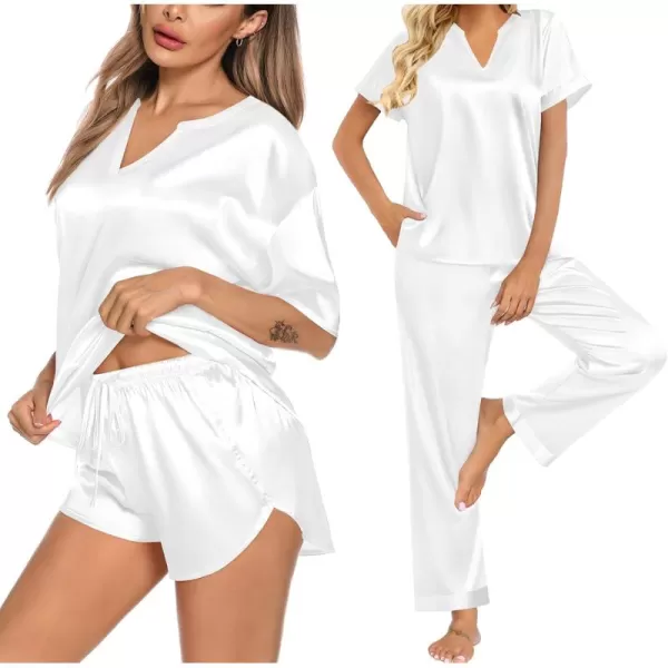 imageSWOMOG 3 PCS Womens Silk Pajamas Set V Neck Sleepwear Short Sleeve Satin Pajama Shorts Sets Bride Pj Lounge Sets with PantsWhite