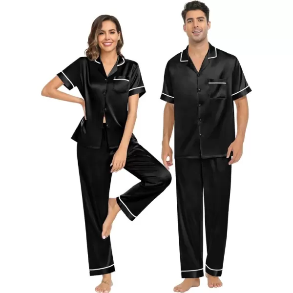 imageSWOMOG Couple Pajama Sets Silk Satin Sleepwear Short Sleeve and Long Pants Pjs Set Soft Loungewear Classic PajamasBlack