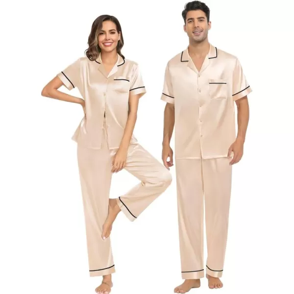 imageSWOMOG Couple Pajama Sets Silk Satin Sleepwear Short Sleeve and Long Pants Pjs Set Soft Loungewear Classic PajamasChampagne