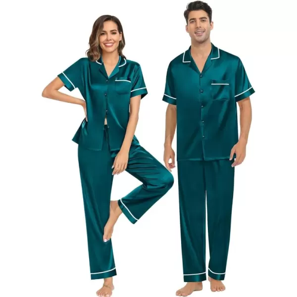 imageSWOMOG Couple Pajama Sets Silk Satin Sleepwear Short Sleeve and Long Pants Pjs Set Soft Loungewear Classic PajamasDeep Green