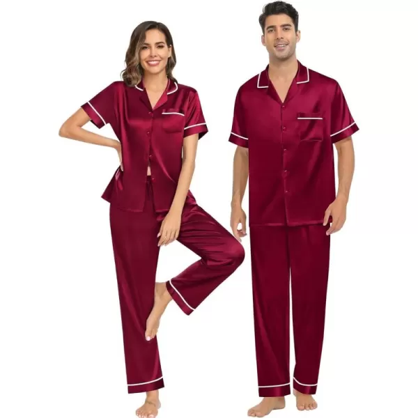 imageSWOMOG Couple Pajama Sets Silk Satin Sleepwear Short Sleeve and Long Pants Pjs Set Soft Loungewear Classic PajamasWine Red