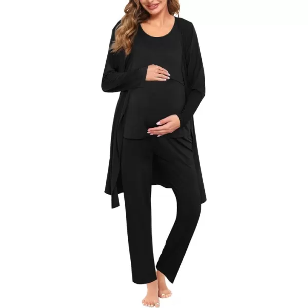 imageSWOMOG Maternity Nursing Robe Set 3 PCS Women Postpartum Pajamas Breastfeeding Labor Delivery Hospital Pregnancy PjsBlack