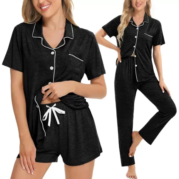 imageSWOMOG Womens 3pcs Button Down Pajamas Set Short Sleeve Sleepwear Bride Pj Lounge Set with Long PantsBlack Grey