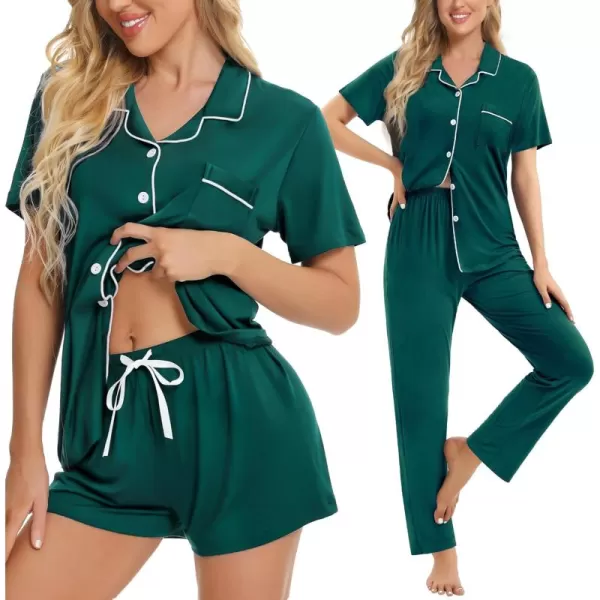 imageSWOMOG Womens 3pcs Button Down Pajamas Set Short Sleeve Sleepwear Bride Pj Lounge Set with Long PantsGreen