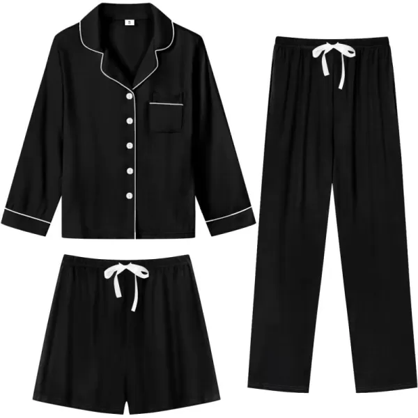 imageSWOMOG Womens 3pcs Button Down Pajamas Set Short Sleeve Sleepwear Bride Pj Lounge Set with Long PantsLong Sleeve Black