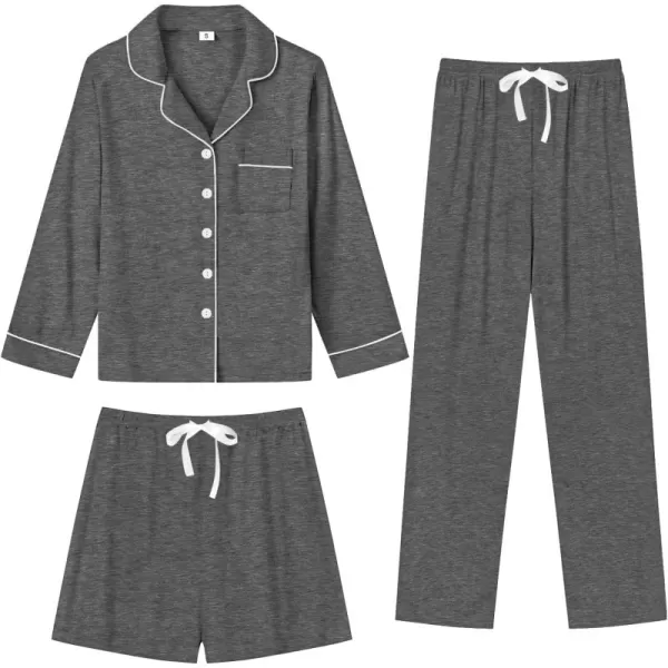 imageSWOMOG Womens 3pcs Button Down Pajamas Set Short Sleeve Sleepwear Bride Pj Lounge Set with Long PantsLong Sleeve Deep Grey