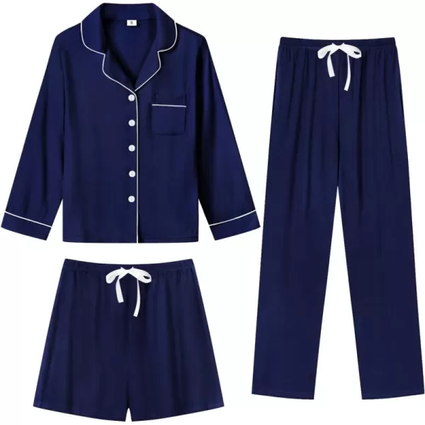 imageSWOMOG Womens 3pcs Button Down Pajamas Set Short Sleeve Sleepwear Bride Pj Lounge Set with Long PantsLong Sleeve Navy Blue