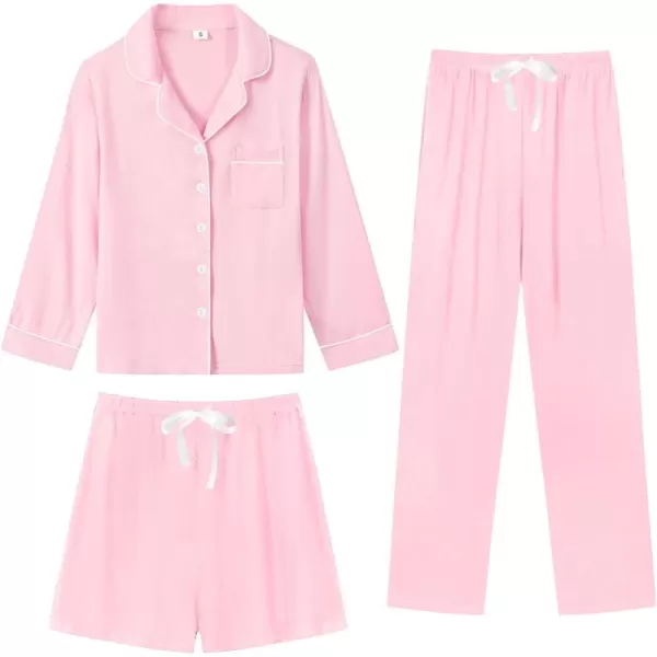 imageSWOMOG Womens 3pcs Button Down Pajamas Set Short Sleeve Sleepwear Bride Pj Lounge Set with Long PantsLong Sleeve Pink