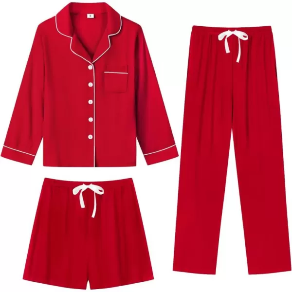 imageSWOMOG Womens 3pcs Button Down Pajamas Set Short Sleeve Sleepwear Bride Pj Lounge Set with Long PantsLong Sleeve Red