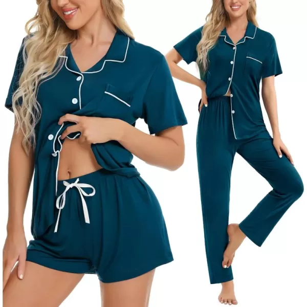 imageSWOMOG Womens 3pcs Button Down Pajamas Set Short Sleeve Sleepwear Bride Pj Lounge Set with Long PantsOxford Blue