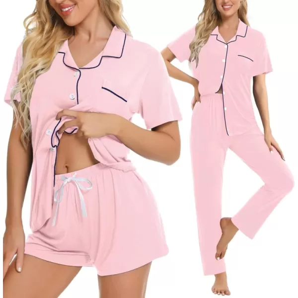 imageSWOMOG Womens 3pcs Button Down Pajamas Set Short Sleeve Sleepwear Bride Pj Lounge Set with Long PantsPink