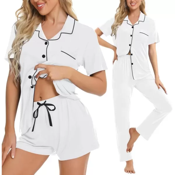 imageSWOMOG Womens 3pcs Button Down Pajamas Set Short Sleeve Sleepwear Bride Pj Lounge Set with Long PantsWhite