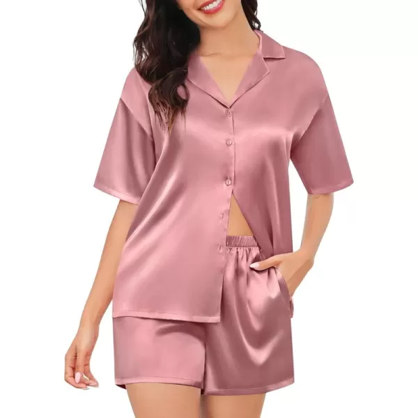 imageSWOMOG Womens Silk Satin Pajamas Set Short Sleeve Sleepwear Button Down Top and Shorts Loungewear Bride Soft 2 Piece PjsMisty Rose