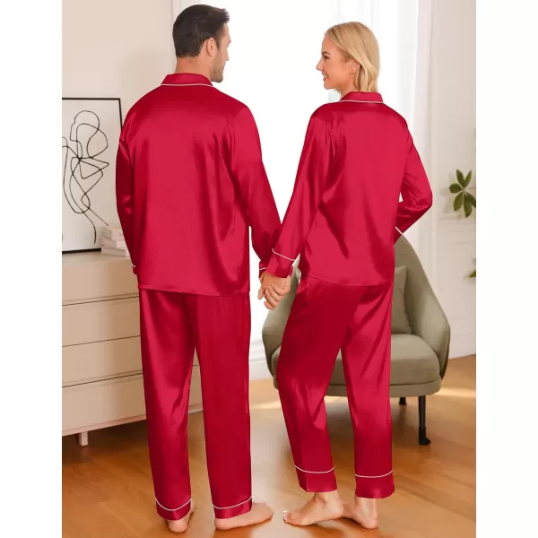 imageSWOMOG Couple Matching Pajamas Sets Women ampamp Men Silk Satin Pjs Set Long Sleeve Button Down Sleepwear with 2 PocketsAred