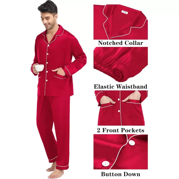 imageSWOMOG Couple Matching Pajamas Sets Women ampamp Men Silk Satin Pjs Set Long Sleeve Button Down Sleepwear with 2 PocketsAred