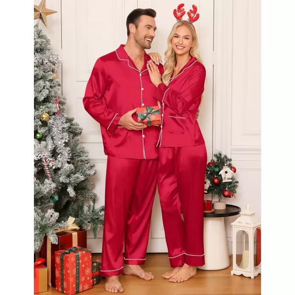 imageSWOMOG Couple Matching Pajamas Sets Women ampamp Men Silk Satin Pjs Set Long Sleeve Button Down Sleepwear with 2 PocketsAred