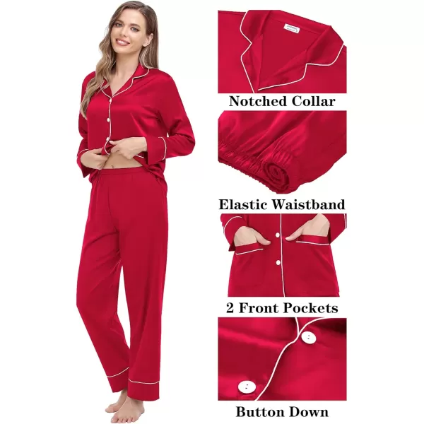 imageSWOMOG Couple Matching Pajamas Sets Women ampamp Men Silk Satin Pjs Set Long Sleeve Button Down Sleepwear with 2 PocketsAred