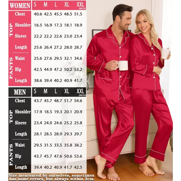 imageSWOMOG Couple Matching Pajamas Sets Women ampamp Men Silk Satin Pjs Set Long Sleeve Button Down Sleepwear with 2 PocketsAred