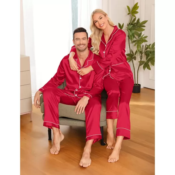 imageSWOMOG Couple Matching Pajamas Sets Women ampamp Men Silk Satin Pjs Set Long Sleeve Button Down Sleepwear with 2 PocketsAred