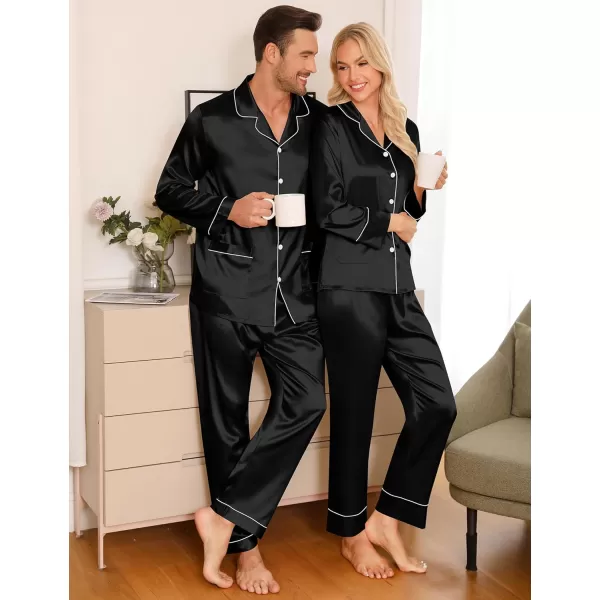 imageSWOMOG Couple Matching Pajamas Sets Women ampamp Men Silk Satin Pjs Set Long Sleeve Button Down Sleepwear with 2 PocketsBlack