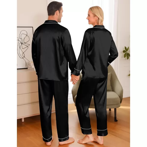 imageSWOMOG Couple Matching Pajamas Sets Women ampamp Men Silk Satin Pjs Set Long Sleeve Button Down Sleepwear with 2 PocketsBlack