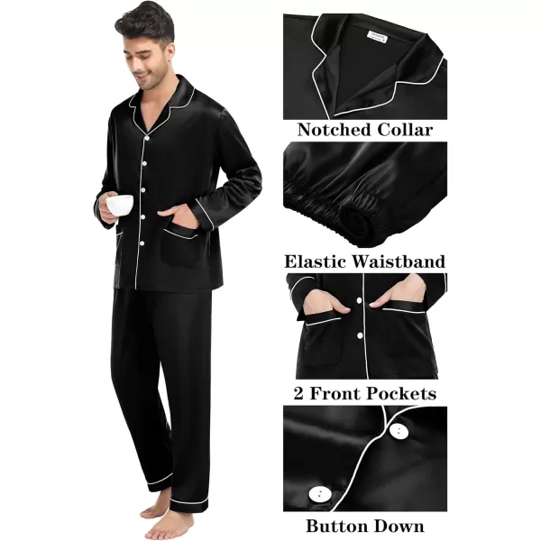 imageSWOMOG Couple Matching Pajamas Sets Women ampamp Men Silk Satin Pjs Set Long Sleeve Button Down Sleepwear with 2 PocketsBlack