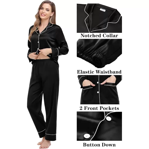 imageSWOMOG Couple Matching Pajamas Sets Women ampamp Men Silk Satin Pjs Set Long Sleeve Button Down Sleepwear with 2 PocketsBlack