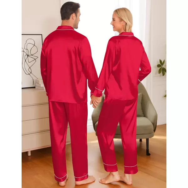 imageSWOMOG Couple Matching Pajamas Sets Women ampamp Men Silk Satin Pjs Set Long Sleeve Button Down Sleepwear with 2 PocketsBright Red