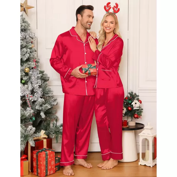 imageSWOMOG Couple Matching Pajamas Sets Women ampamp Men Silk Satin Pjs Set Long Sleeve Button Down Sleepwear with 2 PocketsBright Red