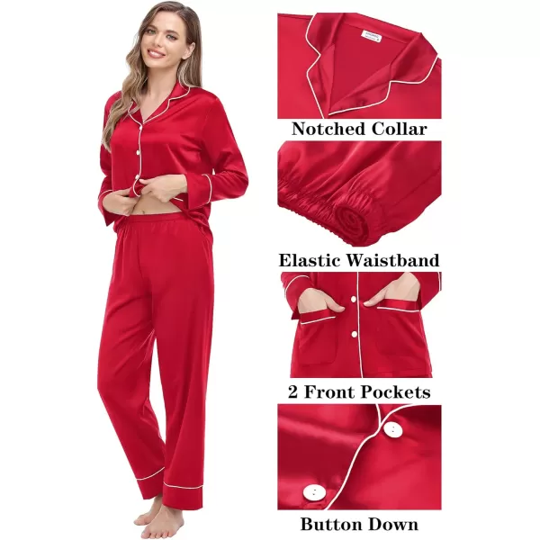 imageSWOMOG Couple Matching Pajamas Sets Women ampamp Men Silk Satin Pjs Set Long Sleeve Button Down Sleepwear with 2 PocketsBright Red