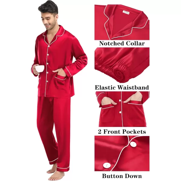 imageSWOMOG Couple Matching Pajamas Sets Women ampamp Men Silk Satin Pjs Set Long Sleeve Button Down Sleepwear with 2 PocketsBright Red