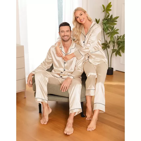 imageSWOMOG Couple Matching Pajamas Sets Women ampamp Men Silk Satin Pjs Set Long Sleeve Button Down Sleepwear with 2 PocketsChampagne