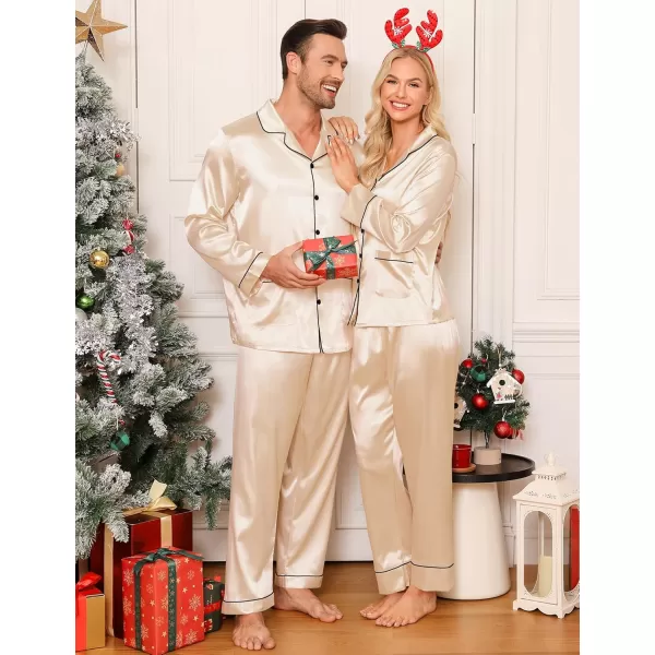 imageSWOMOG Couple Matching Pajamas Sets Women ampamp Men Silk Satin Pjs Set Long Sleeve Button Down Sleepwear with 2 PocketsChampagne