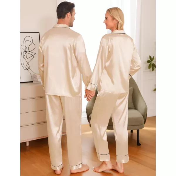 imageSWOMOG Couple Matching Pajamas Sets Women ampamp Men Silk Satin Pjs Set Long Sleeve Button Down Sleepwear with 2 PocketsChampagne