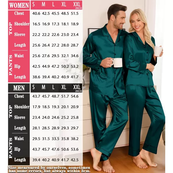 imageSWOMOG Couple Matching Pajamas Sets Women ampamp Men Silk Satin Pjs Set Long Sleeve Button Down Sleepwear with 2 PocketsDeep Green