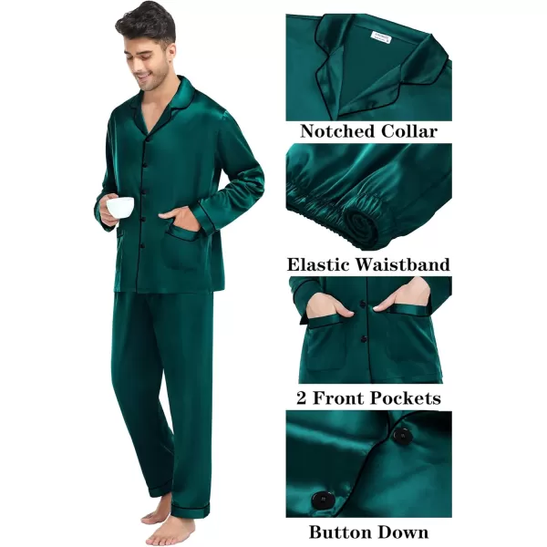 imageSWOMOG Couple Matching Pajamas Sets Women ampamp Men Silk Satin Pjs Set Long Sleeve Button Down Sleepwear with 2 PocketsDeep Green