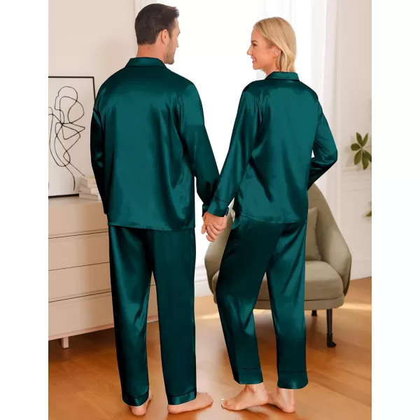 imageSWOMOG Couple Matching Pajamas Sets Women ampamp Men Silk Satin Pjs Set Long Sleeve Button Down Sleepwear with 2 PocketsDeep Green