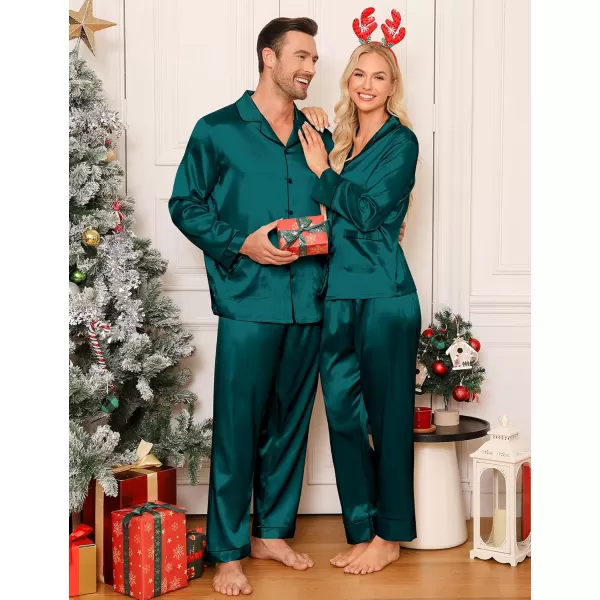 imageSWOMOG Couple Matching Pajamas Sets Women ampamp Men Silk Satin Pjs Set Long Sleeve Button Down Sleepwear with 2 PocketsDeep Green