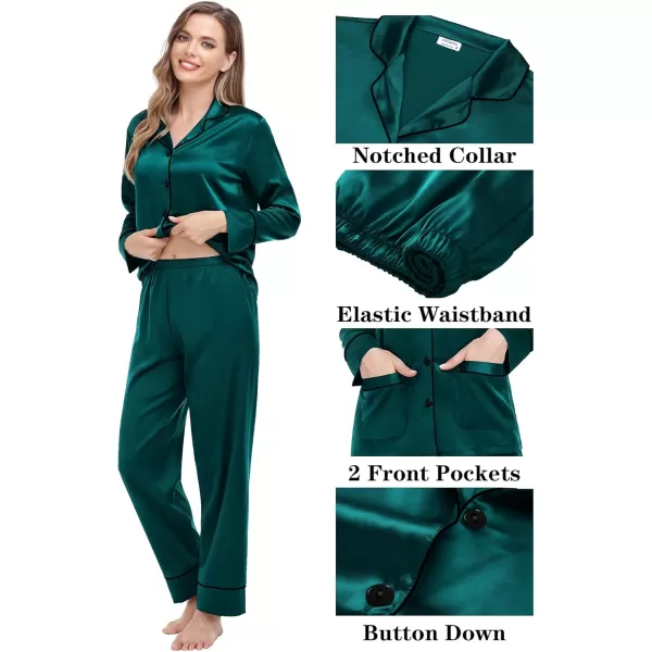 imageSWOMOG Couple Matching Pajamas Sets Women ampamp Men Silk Satin Pjs Set Long Sleeve Button Down Sleepwear with 2 PocketsDeep Green