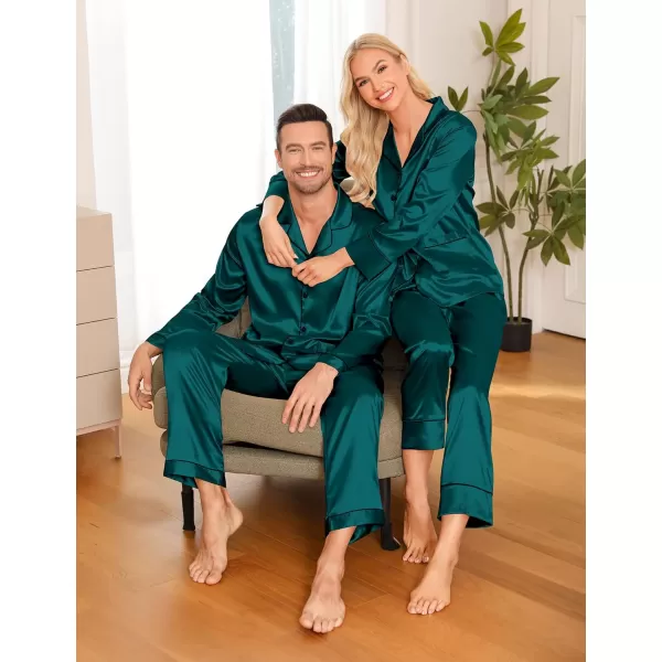 imageSWOMOG Couple Matching Pajamas Sets Women ampamp Men Silk Satin Pjs Set Long Sleeve Button Down Sleepwear with 2 PocketsDeep Green