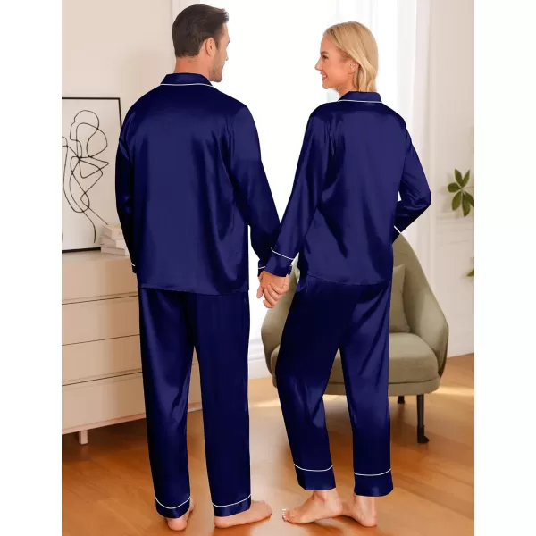 imageSWOMOG Couple Matching Pajamas Sets Women ampamp Men Silk Satin Pjs Set Long Sleeve Button Down Sleepwear with 2 PocketsDeep Navy Blue