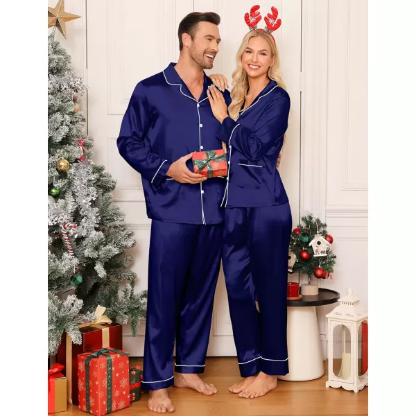 imageSWOMOG Couple Matching Pajamas Sets Women ampamp Men Silk Satin Pjs Set Long Sleeve Button Down Sleepwear with 2 PocketsDeep Navy Blue