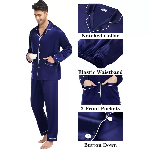 imageSWOMOG Couple Matching Pajamas Sets Women ampamp Men Silk Satin Pjs Set Long Sleeve Button Down Sleepwear with 2 PocketsDeep Navy Blue